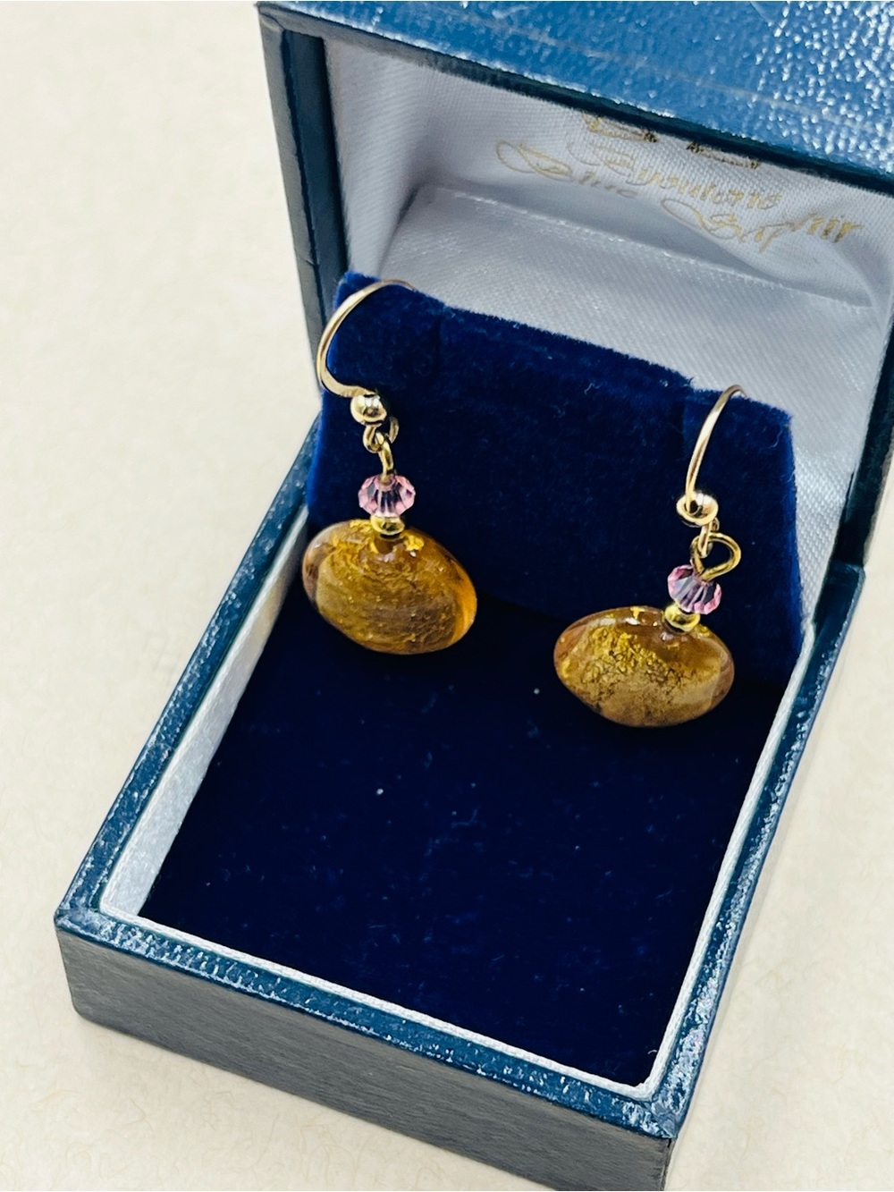 14K Gold Drop Earrings with Murano Glass & Gold Flecks